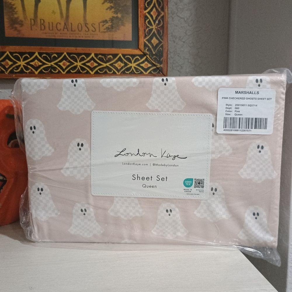 London Kaye Pink Checkered Ghost QUEEN Sheet Set Halloween New
